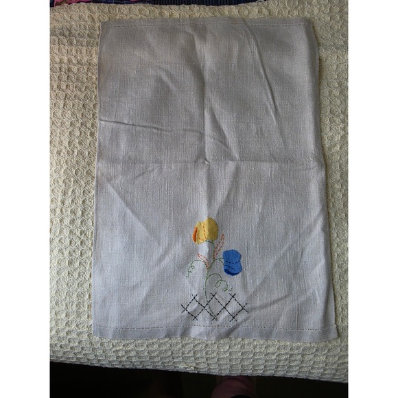 Other - Vintage Hand Embroidered Linen Tea Towel Floral Oatmeal Hemstitched 13x20